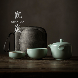 天青汝窑手抓壶功夫茶具套装一壶两杯快客杯礼盒小套便携收纳旅行