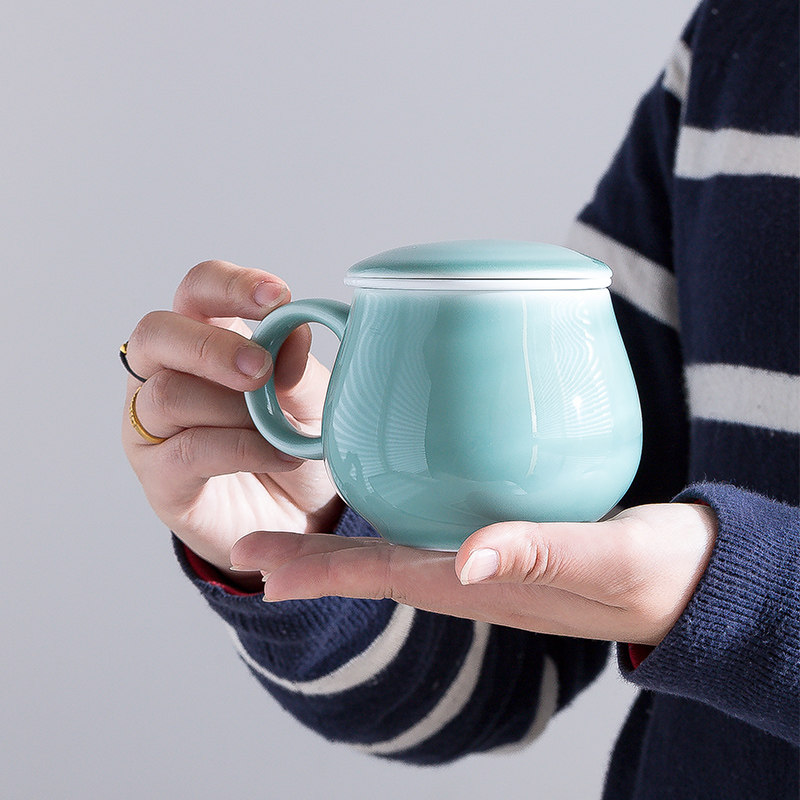 家用陶瓷过滤茶杯办公杯带盖色釉马克杯礼品定制个人杯水杯花茶杯