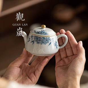 观岚复古青花绣球花手绘单壶陶瓷茶壶中式过滤泡茶壶家用功夫茶具