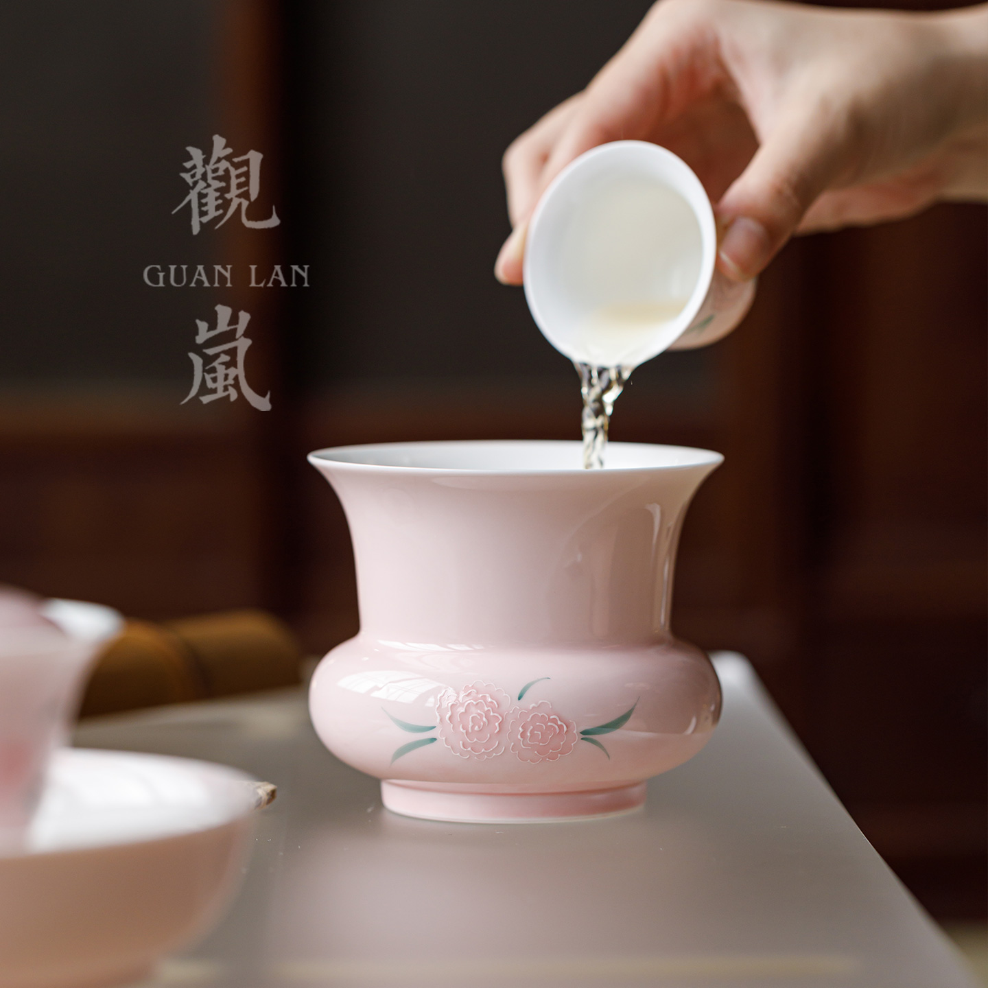 观岚粉釉堆绘团花陶瓷建水茶洗茶渣筒水盂茶盂水洗废水缸茶道零配