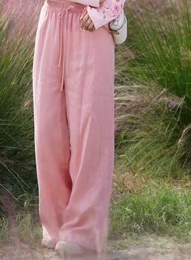 2025新款女士冬季复古文艺系带显瘦纯亚麻加棉保暖直筒百搭棉裤