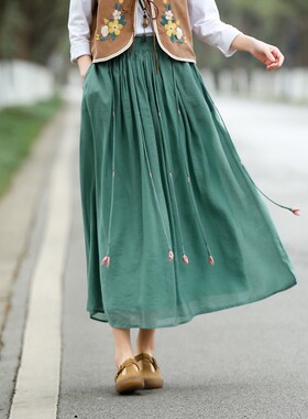 复古文艺纯色丝麻花苞流苏飘绳半身裙女民族风夏款松紧腰大摆裙子