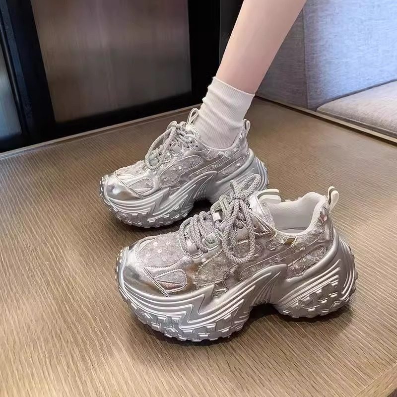 MK&DK香港厚底老爹鞋女2025新款通勤透气银色小众百搭运动鞋