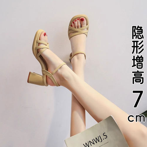 MK&DK香港真皮法式高跟凉鞋女2025年新款夏季厚底粗跟一字带单鞋