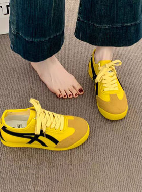 MK&DK香港真皮黄色德训鞋女2025新款春秋季小众平底休闲阿甘板鞋