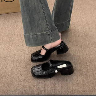 MK&DK香港真皮包头半拖鞋女2025新款夏季外穿玛丽珍跟粗浅口单鞋