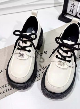 MK&DK真皮增高乐福鞋女款2025春秋新款单鞋黑色拼色英伦风小皮鞋