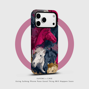 宿风适用苹果iPhone16promax手机壳17 14磁吸13 12磨砂15 Pro硬Plus新款情侣高级保护套男女油画复古手绘马群