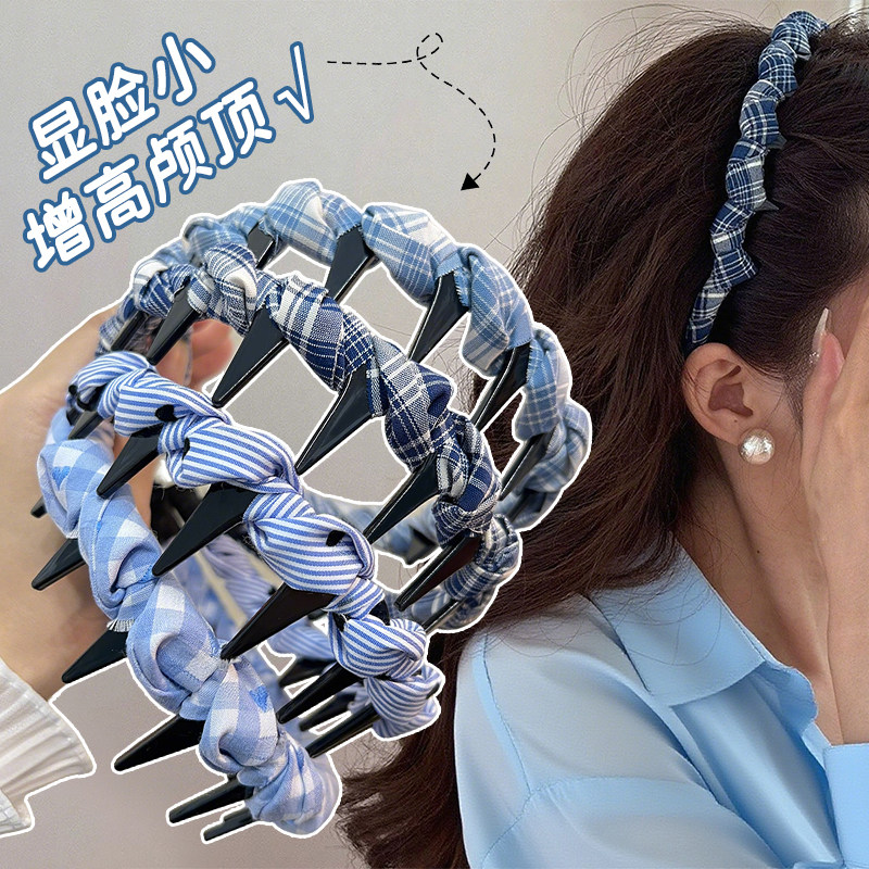 韩系简约蓝色系格纹缠绕带齿波浪发箍高颅顶洗脸头箍百搭头饰发饰图片