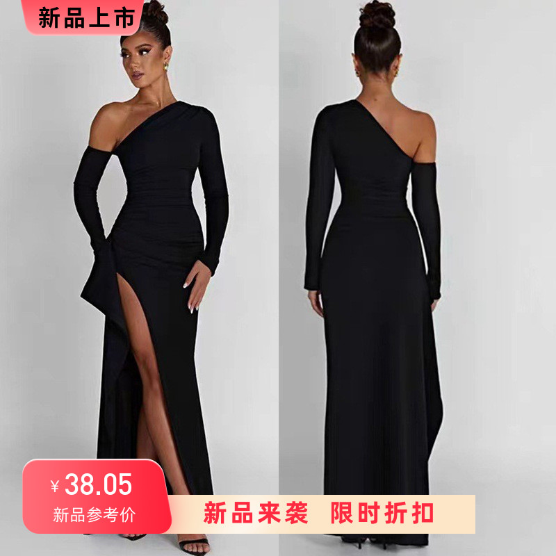 高级晚宴时尚显气质秋季新款长袖斜领性感辣妹露背开叉长款礼服