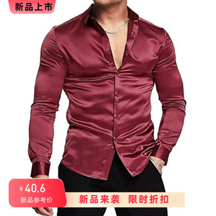 欧美复古礼服丝光缎面衬衫男士大码长袖亮面衬衣潮舞台歌手演出服