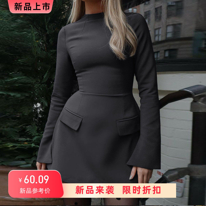 欧美风复古高腰修身长袖连衣裙女 后背拉链圆领一步裙短裙A字裙子