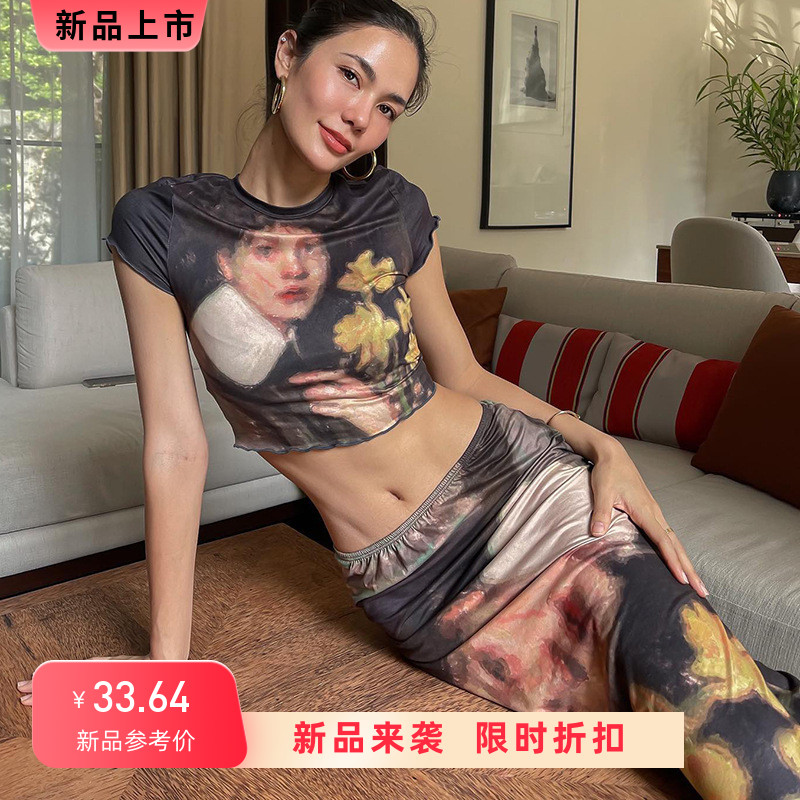 美式复古油画风人物印花长袖短上时尚套装