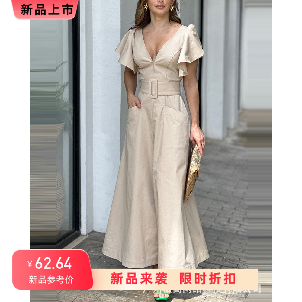 Bell Sleeve Slit Pocket Design Maxi Dress收腰连体喇叭连衣裙