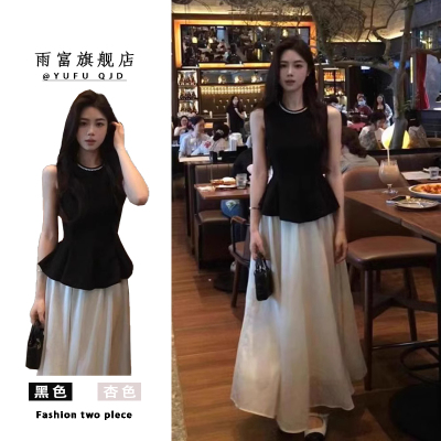 夏装搭配一整套小众不撞款轻熟高级感钉珠无袖上衣半身裙两件套装