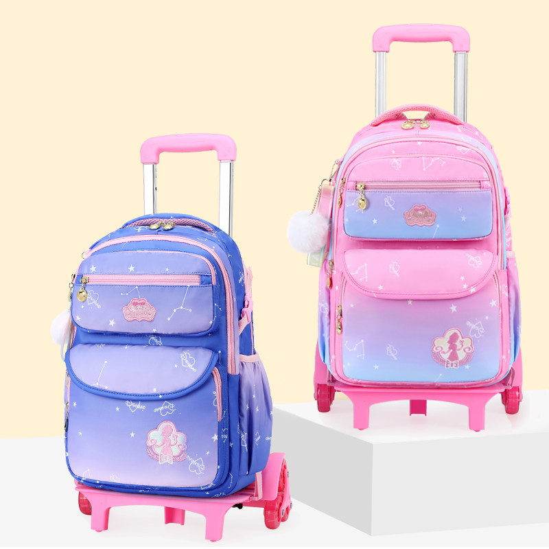 儿童拉杆书包小学生女孩1-6年级公主女童防水可拉可背两用爬楼梯