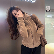 摇粒绒外套女立领卫衣春秋款2025秋冬季新款加绒加厚修身连帽上衣