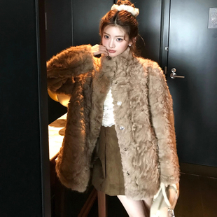 立领花狐羊羔毛宽松厚外套女2025秋冬款慵懒风保暖仿皮草毛毛大衣