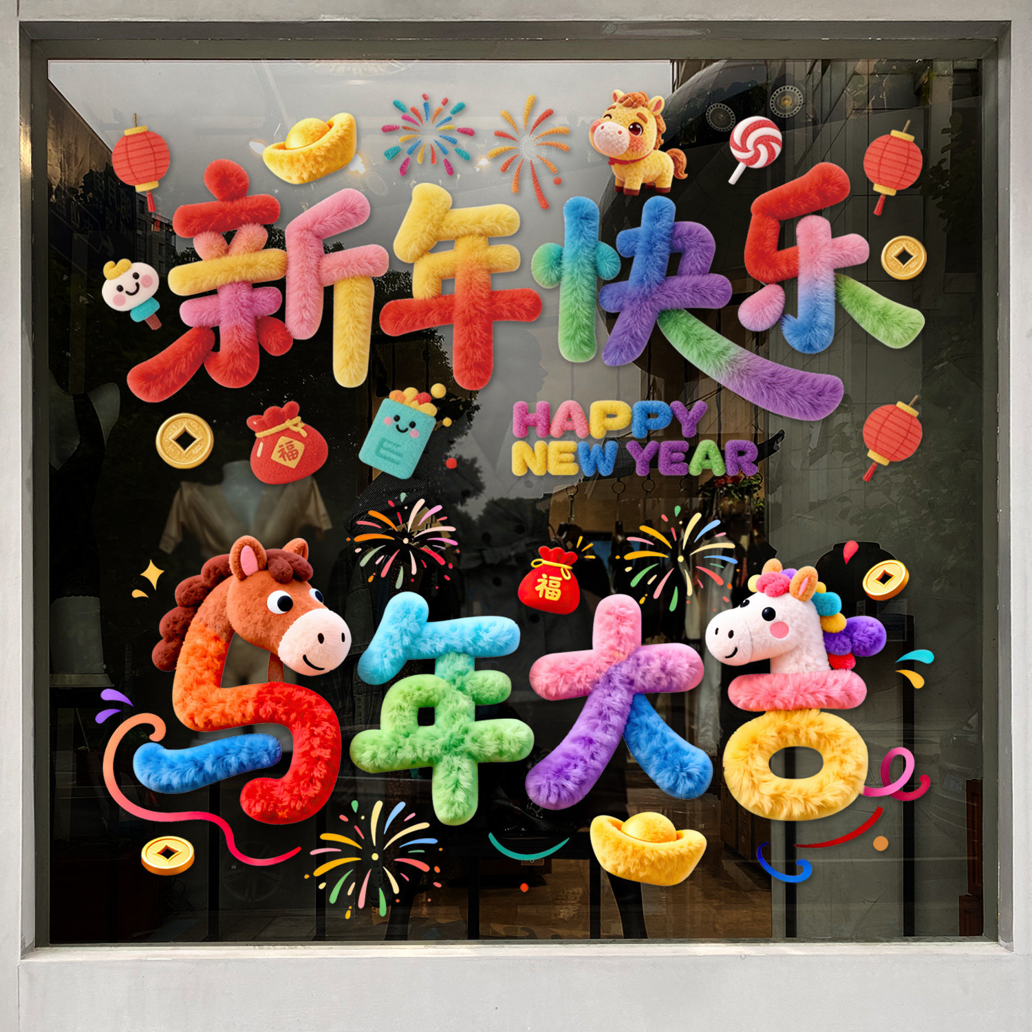 2026马年新年快乐毛绒贴纸彩色5D立体装饰窗花贴春节店铺布置用品,节庆用品/礼品,节日装扮用品,淘宝优惠券,粉丝福利购,淘宝优惠卷