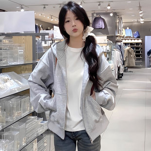 秋冬季加绒卫衣女春秋款2025新款爆款韩系连帽秋季外套女款灰色开