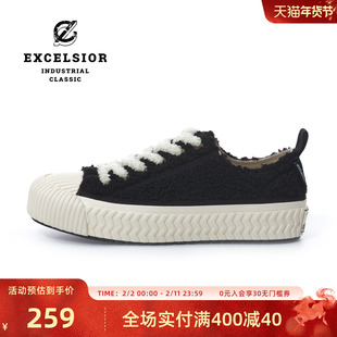 excelsior饼干鞋官方 冬季加绒板鞋低帮黑色休闲鞋男厚底帆布鞋女