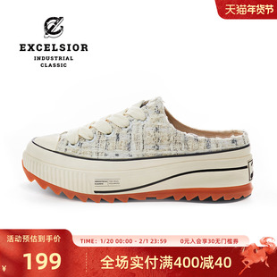 excelsior饼干鞋官方 加绒厚底女士休闲半拖帆布鞋 HYBRID TWEED