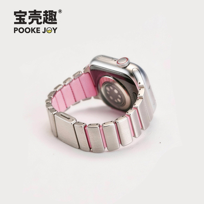 宝壳趣适用苹果手表applewatch11表带金属间硅胶钢带s10/s9/s8表带45/41mm创意46/42mm间色不锈钢硅胶简约