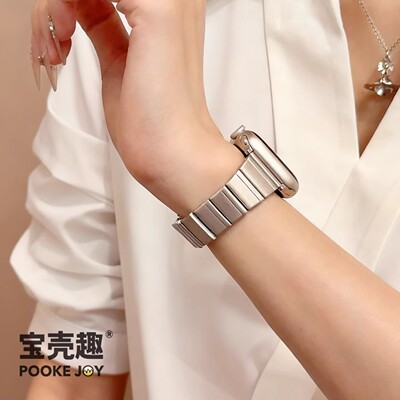 宝壳趣适用iwatch11苹果applewatchs10/s9竹节小蛮腰钢表带s8/s7商务通勤40/45/41mm金属不锈钢蝴蝶扣表链夏