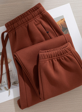 高级感铁锈红色休闲运动裤女冬季加绒羊毛束脚宽松高腰保暖卫裤
