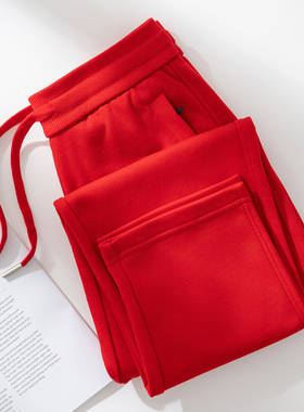 红色裤子女2025年新款春秋季直筒宽松运动裤冬加绒休闲大码长裤