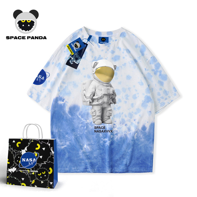 太空熊猫联名NASA XX旗舰店官网扎染宇航员短袖T恤男女宽松上衣服