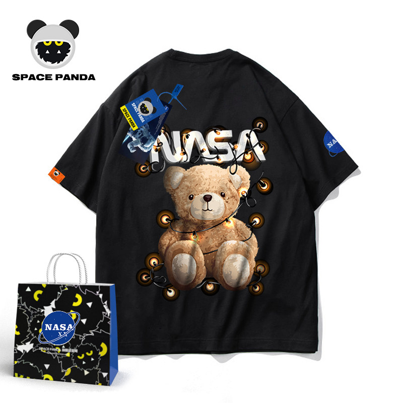 太空熊猫联名NASA旗舰店小熊情侣装夏ins潮牌短袖T恤男女半袖体恤