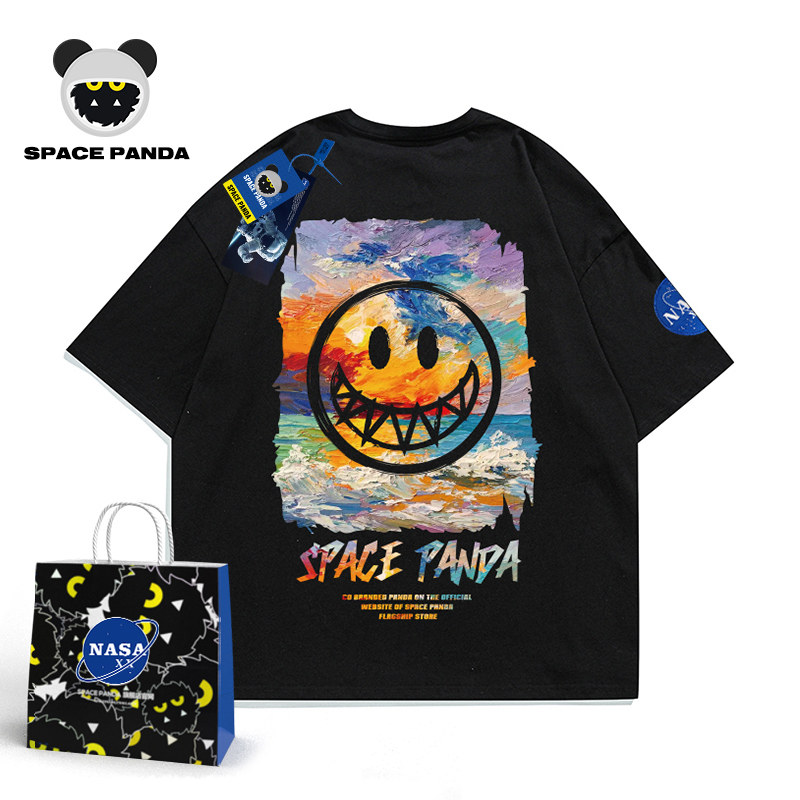 太空熊猫联名NASA XX旗舰店官网涂鸦小恶魔油画短袖T恤男情侣半袖
