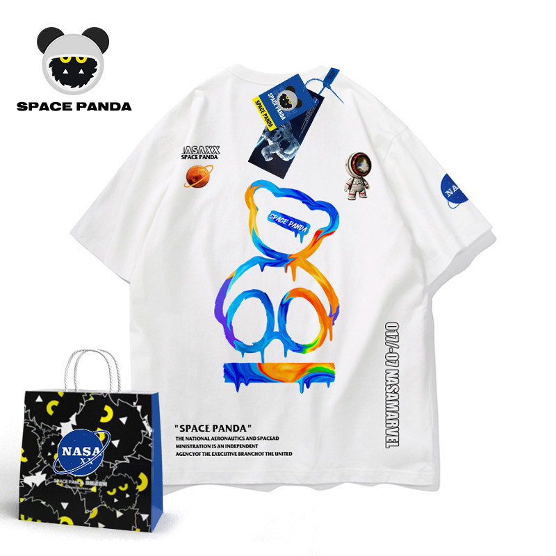 太空熊猫联名nasa小熊渐变短袖T恤男潮ins夏季潮牌潮流情侣装半袖