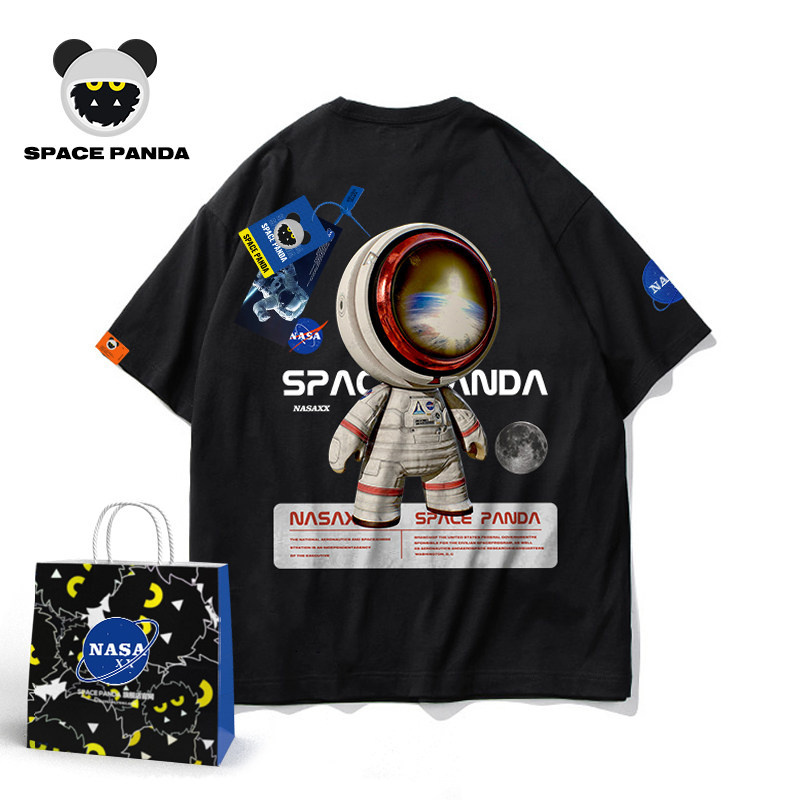 太空熊猫联名NASA宇航员情侣春季ins潮牌宽松短袖T恤男国潮上衣