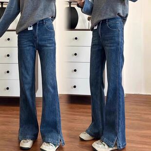 女童微喇牛仔裤春秋冬季新款中大童装高腰儿童一体加绒加厚喇叭裤