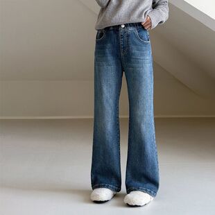 女童加绒牛仔裤秋冬季新款中大童百搭一体绒裤童装儿童加厚微喇裤