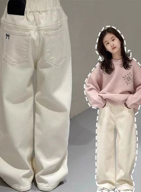 女童加绒牛仔裤秋冬季新款中大童装加厚一体绒儿童百搭保暖直筒裤