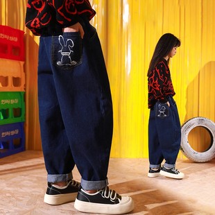 女孩秋冬宽松加绒裤 女童一体绒老爹裤 子 中大童休闲加厚牛仔裤 童装