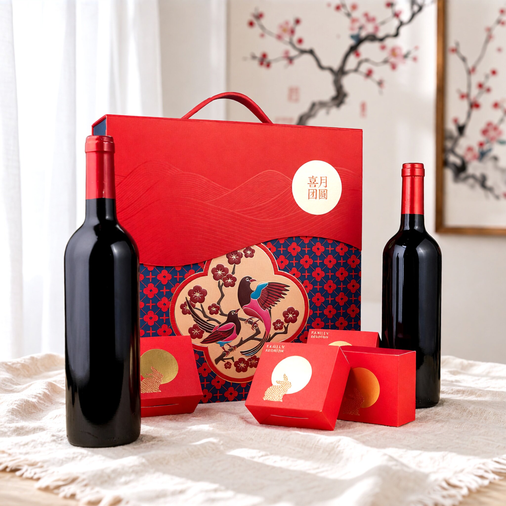 高档红酒礼盒装中秋月饼团圆喜庆红色手提包装盒送礼空盒双支定制