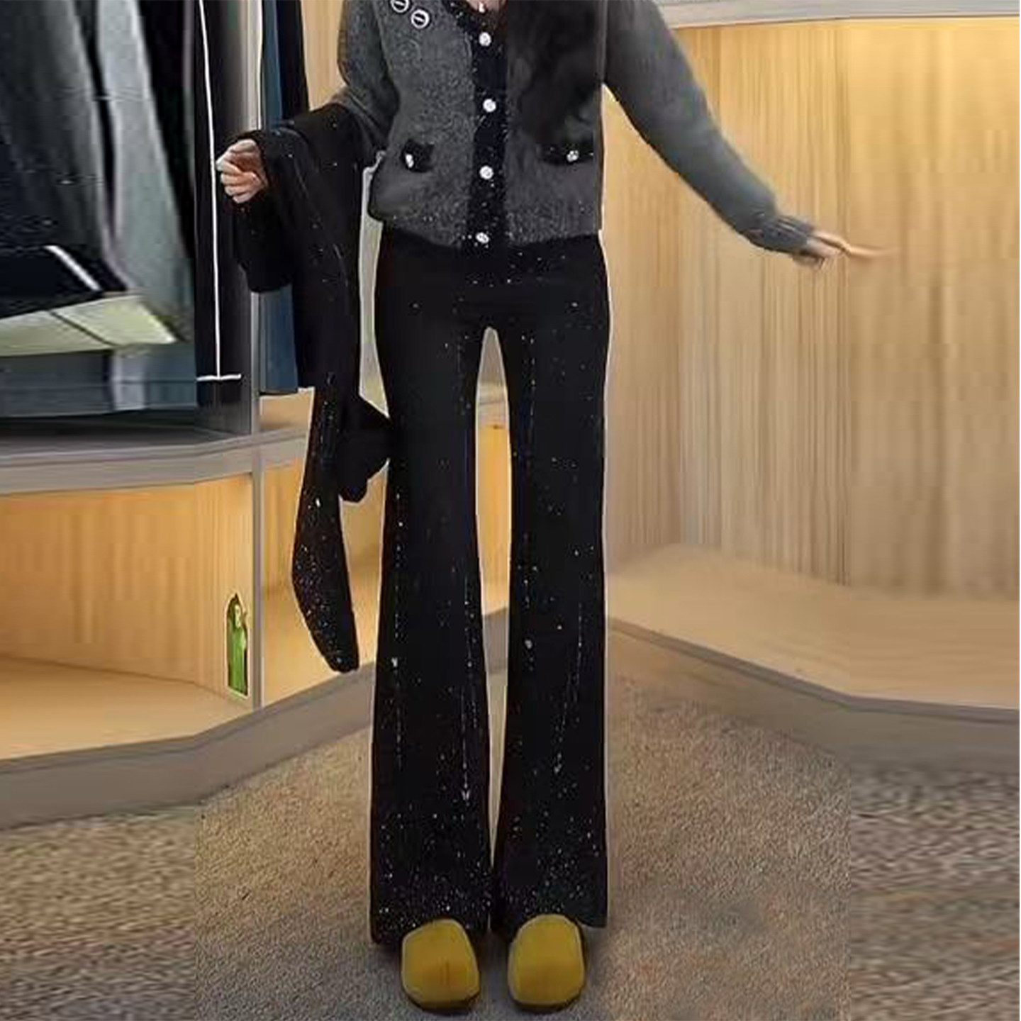 黑色满天星烫钻加绒微喇休闲裤女2025秋冬新款高腰显瘦喇叭裤裤子,女装/女士精品,大码裤装,淘宝优惠券,粉丝福利购,淘宝优惠卷