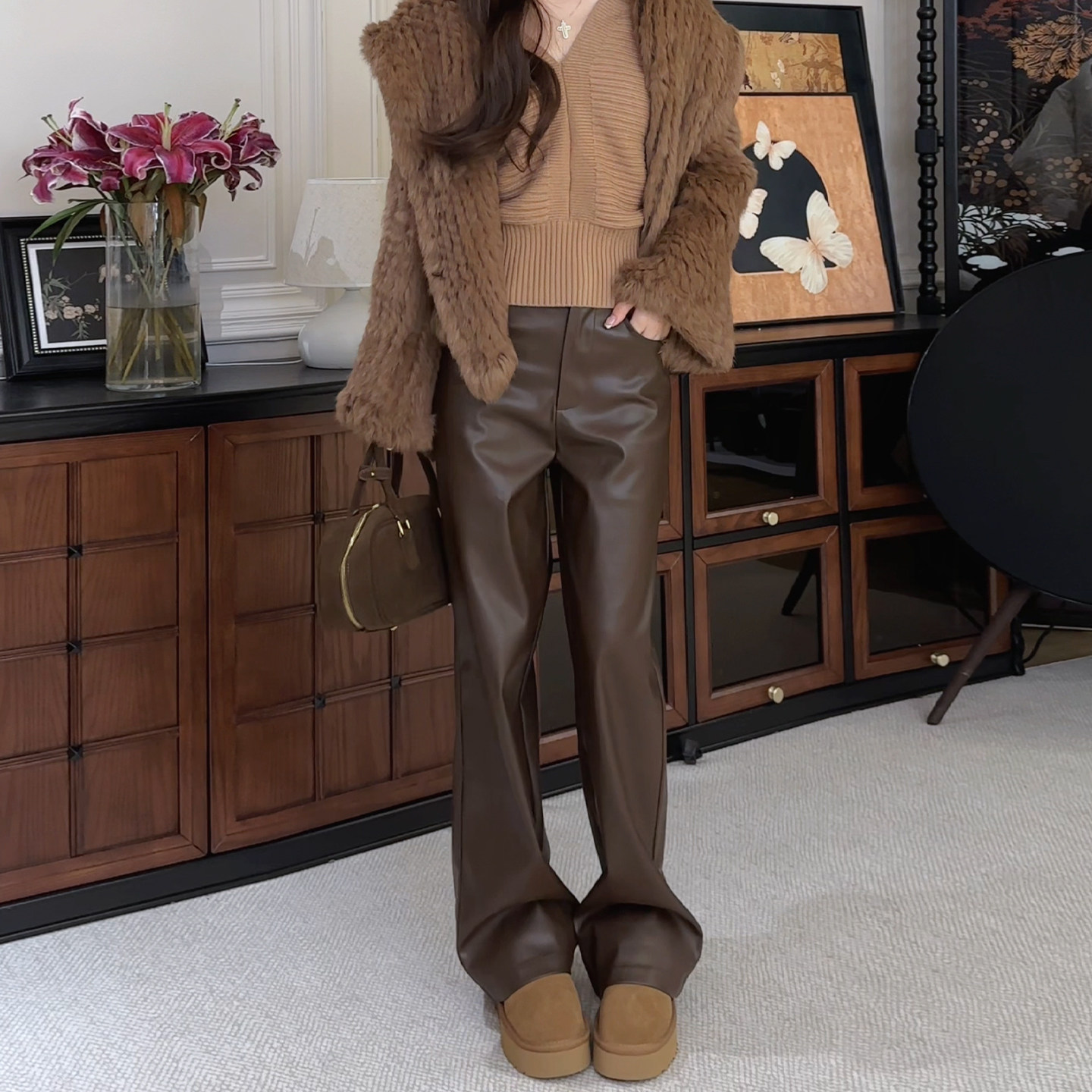 高级感咖色加绒皮裤女2025秋冬新款时尚气质百搭高腰窄版直筒裤子,女装/女士精品,大码裤装,淘宝优惠券,粉丝福利购,淘宝优惠卷