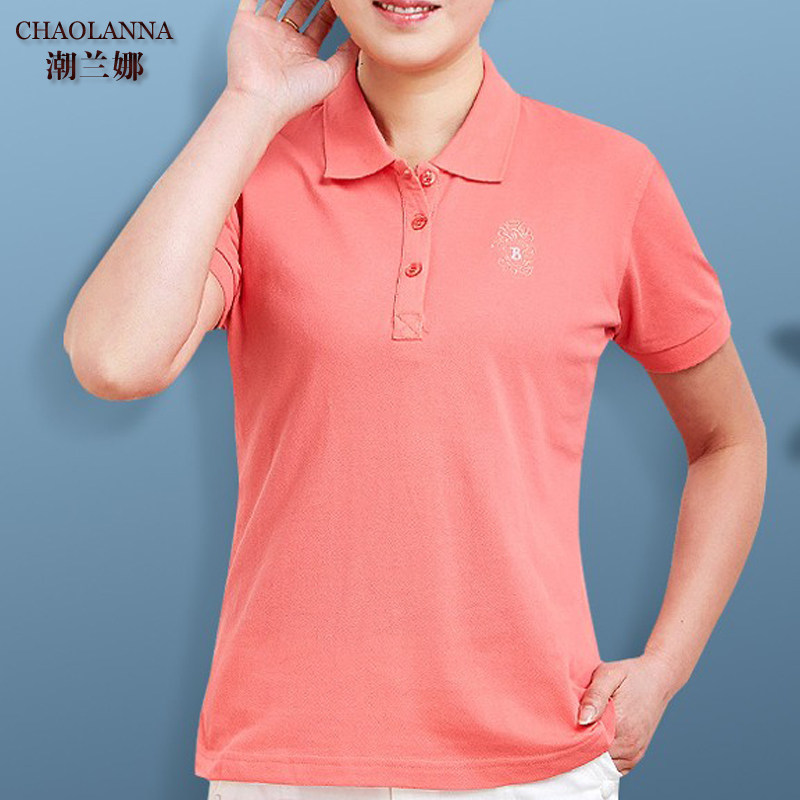 潮兰娜妈妈装polo衫翻领短袖女纯棉透气t恤中老年宽松夏宝蓝桃红