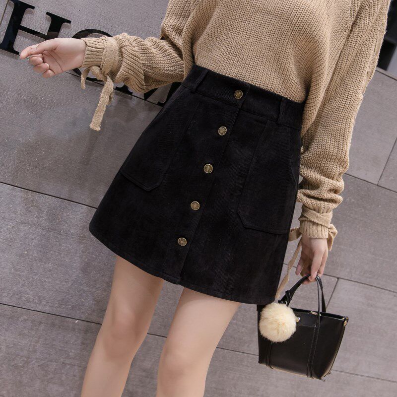灯芯绒半身裙秋冬复古排扣a字