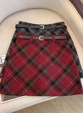 红色格子半身裙女春秋025新款百搭毛呢小个子格纹a字裙短款裙子