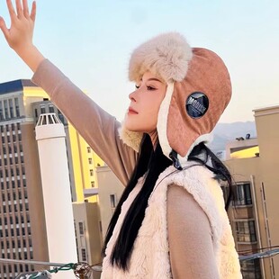 雷锋帽女秋冬季加厚加绒东北出游保暖骑车防寒护耳毛绒帽子女学生