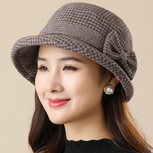 秋冬季毛呢蝴蝶结中老年人帽子女