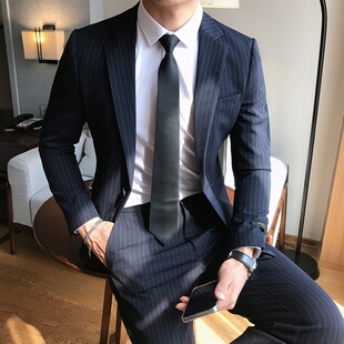 秋冬韩版男士修身条纹西装两件套英伦男双排扣西服套装新郎礼服