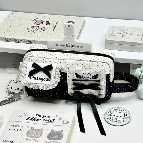 黑白蝴蝶结小猫笔袋高颜值ins风
