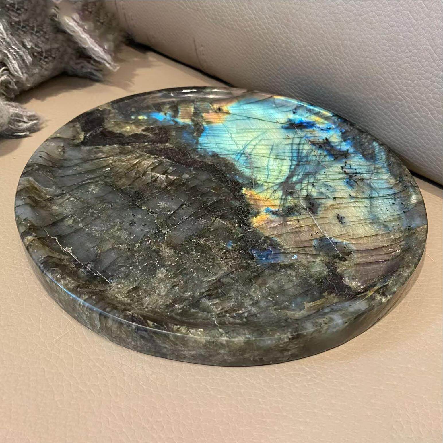 水晶拉长石原石托盘圆盘月光石摆件蓝翡翠奢石水晶雕刻工艺品